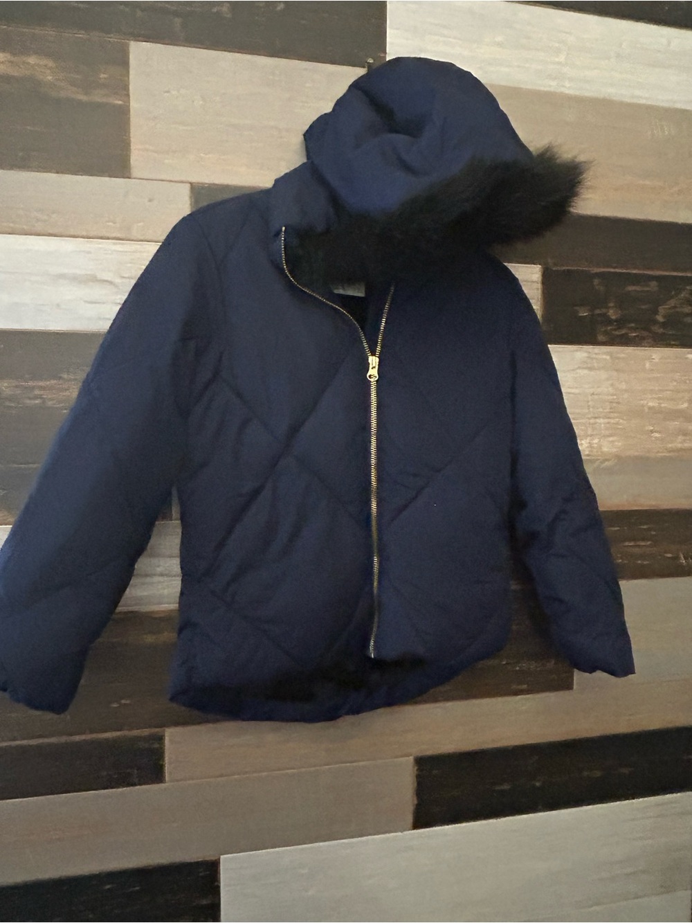 Old Navy Navy Hooded Girls Puffer Jacket with Faux Fur Trim size medium